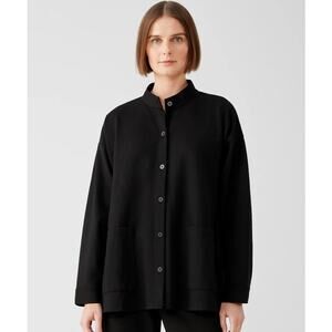 Eileen Fisher Washable Ponte Button Front Shirt Flex Stand Collar Shirt Black M